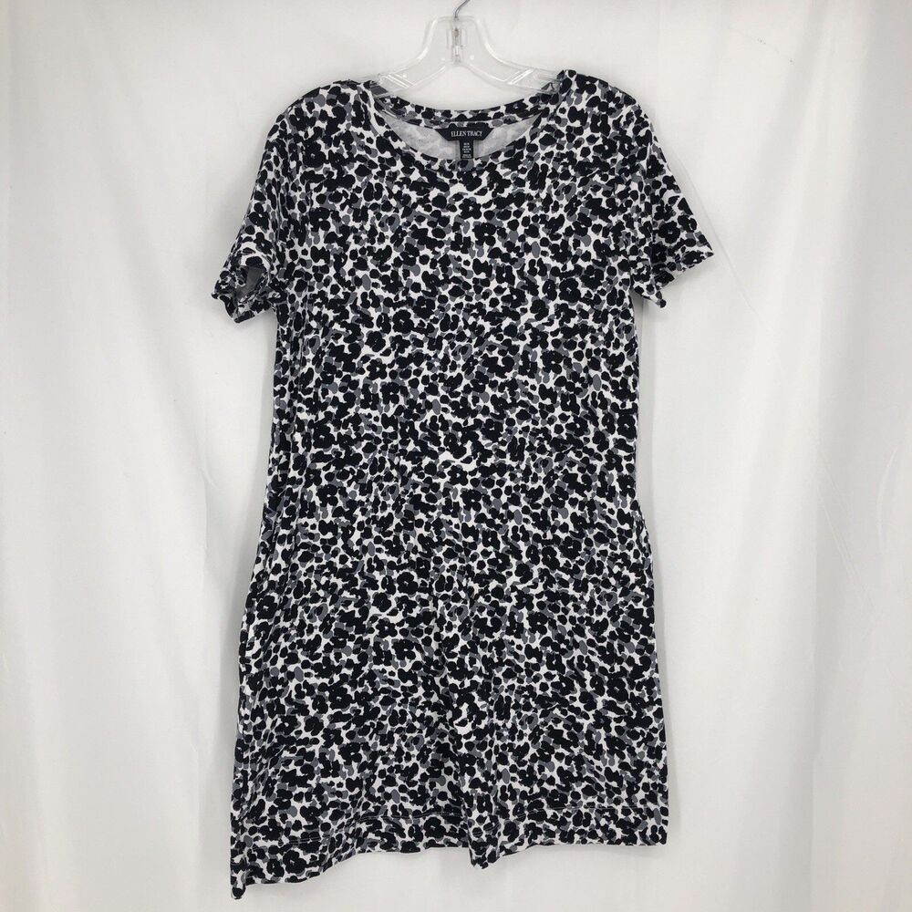 Ellen Tracy Black White Leopard Print Short Sleeve T-shirt Dress Pockets Sz M